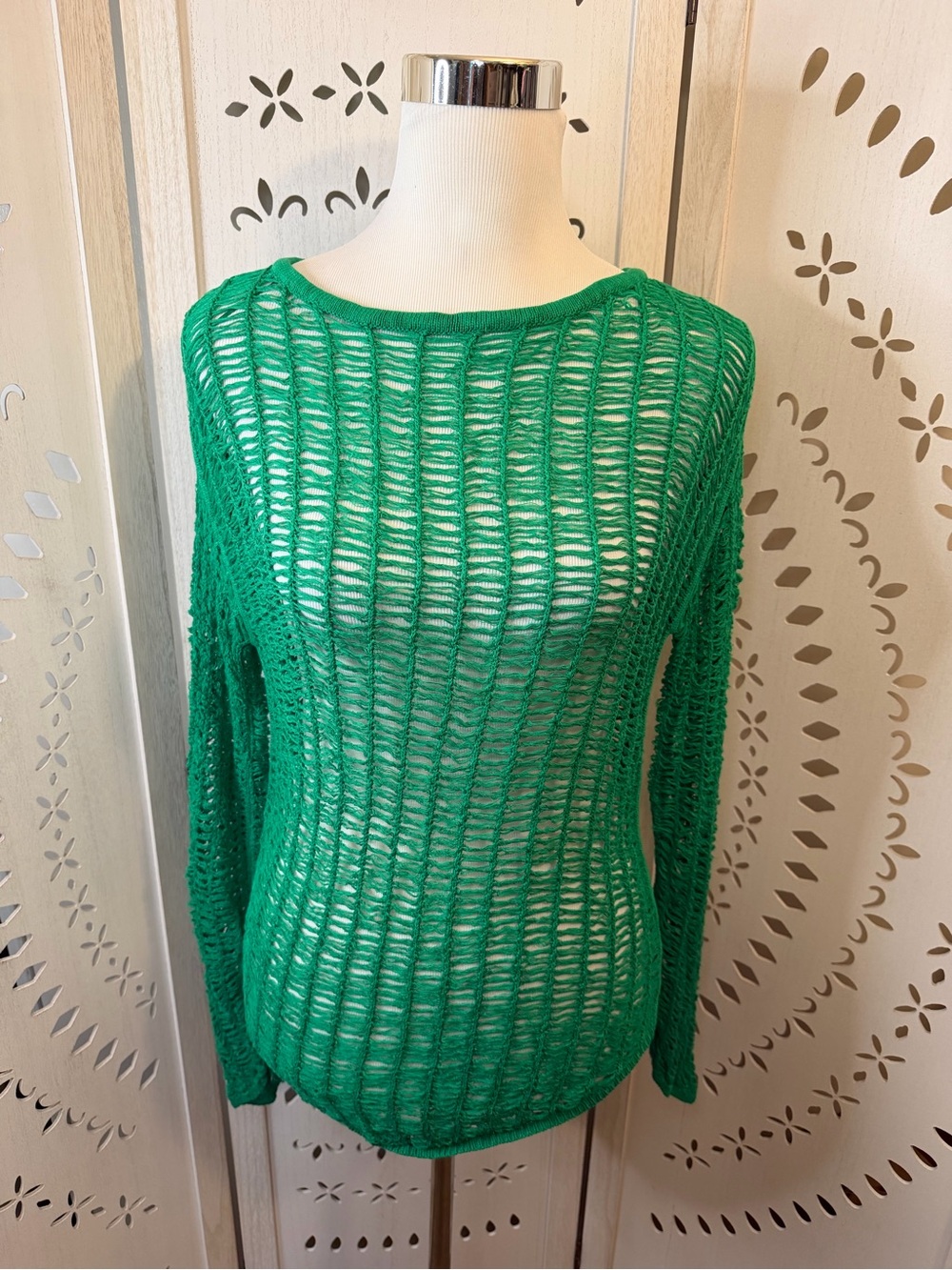 Green Open-Knit Long Sleeve Women's Sweater Pool Beach Coverup